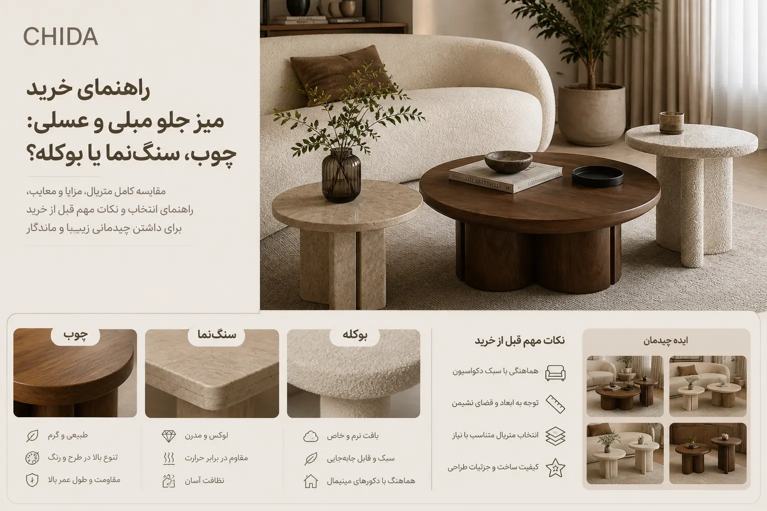 پذیرایی مدرن با میز جلومبلی سنگ‌نما، میز عسلی چوب گردو و مبل راحتی بژ، راهنمای خرید میز جلومبلی چیدا هوم